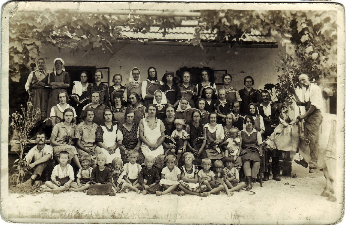 Text Box:    Grandetovi, Jeromovi in drugi »Martinovi« Erjavci med skupno žetvijo pred Grandetovo hišo leta 1931.    